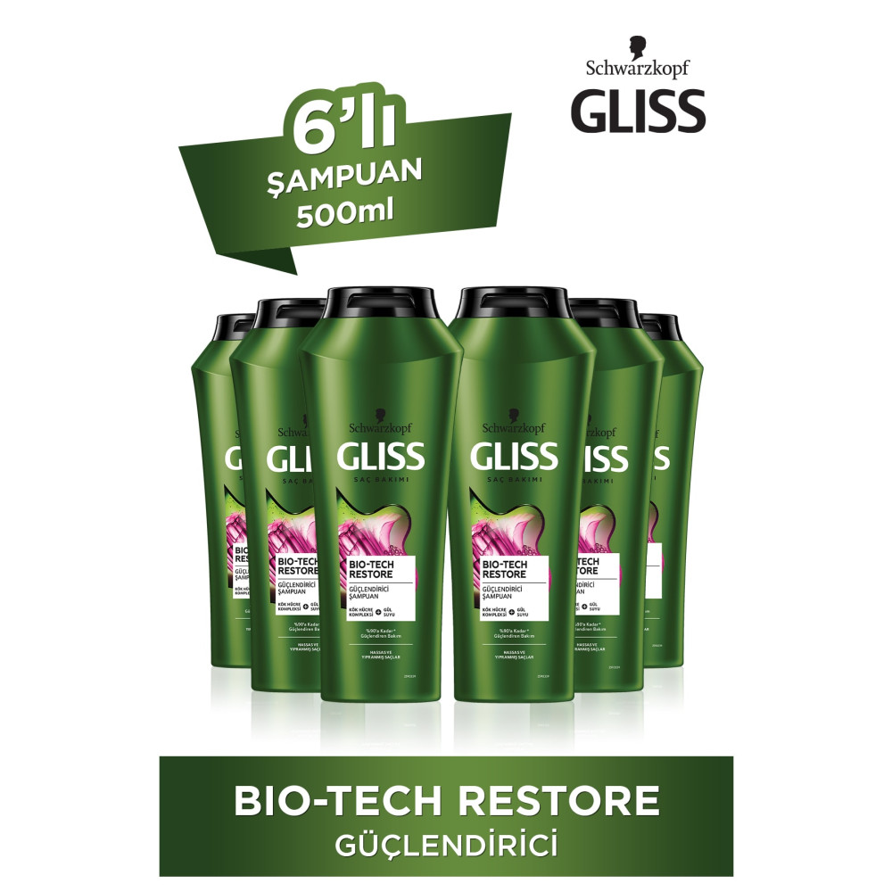 Gliss Bio-tech Restore Güçlendirici Şampuan - Kök Hücre Kompleksi Ve Gül Suyu Ile 500 ml X 6 Adet Şampuan ve Saç Kremi Fiyatı