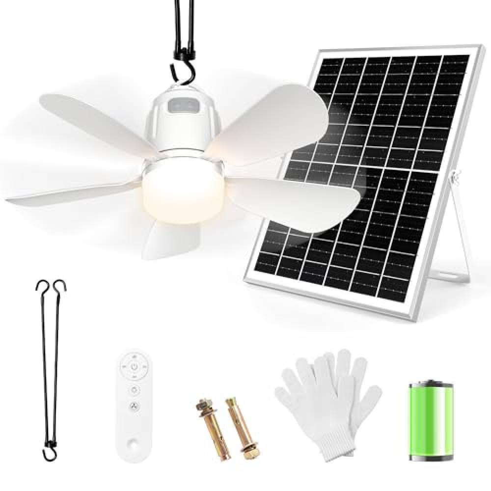 Gliztech Solar Ceiling Fan Kit 20'', 20000mAh Portable Canopy Fan with 30W Solar Powered Rechargeable Ceiling Fan with Light and Remote Control, Outdoor Fan for Camping,Gazebo,Patio