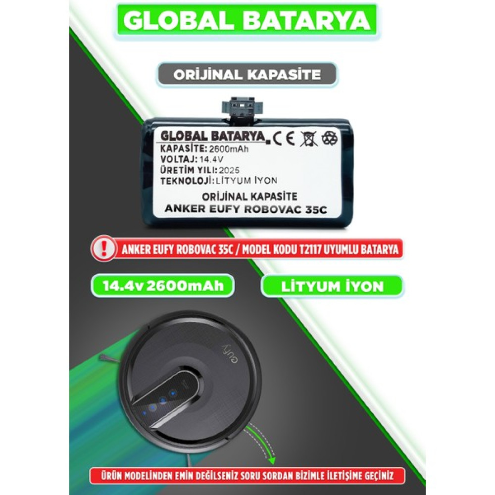 Global Batarya Anker Eufy Robovac 35C Uyumlu Akıllı Robot Süpürge Bataryası 14.4V 2600MAH Pil (Orijinal Kapasite) Elektrikli Süpürge Aksesuarları Fiyatı