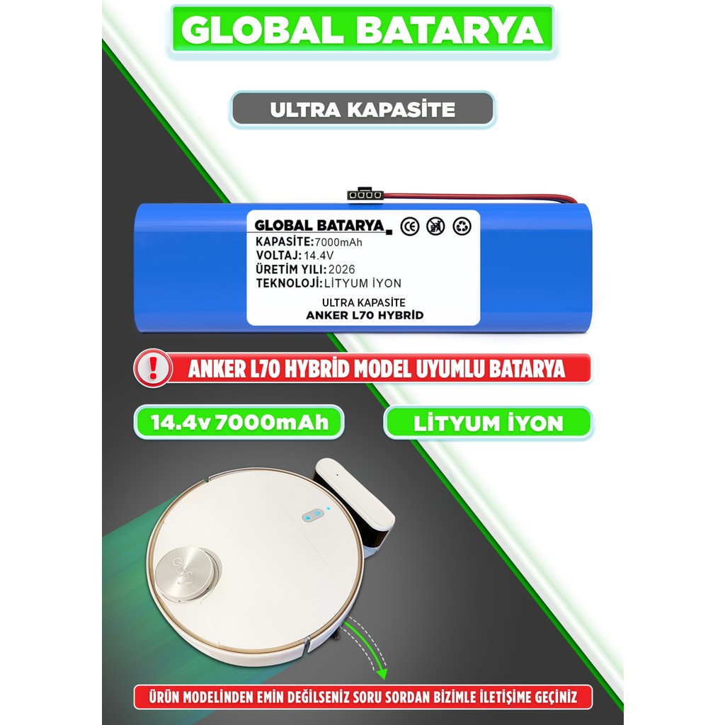 Global Batarya Anker Eufy Robovac L70 Hybrid Uyumlu Akıllı Robot Süpürge Bataryası 14.4V 7000MAH Li-Ion Pil (Ultra Kapasite) Robot Süpürgeler Fiyatı