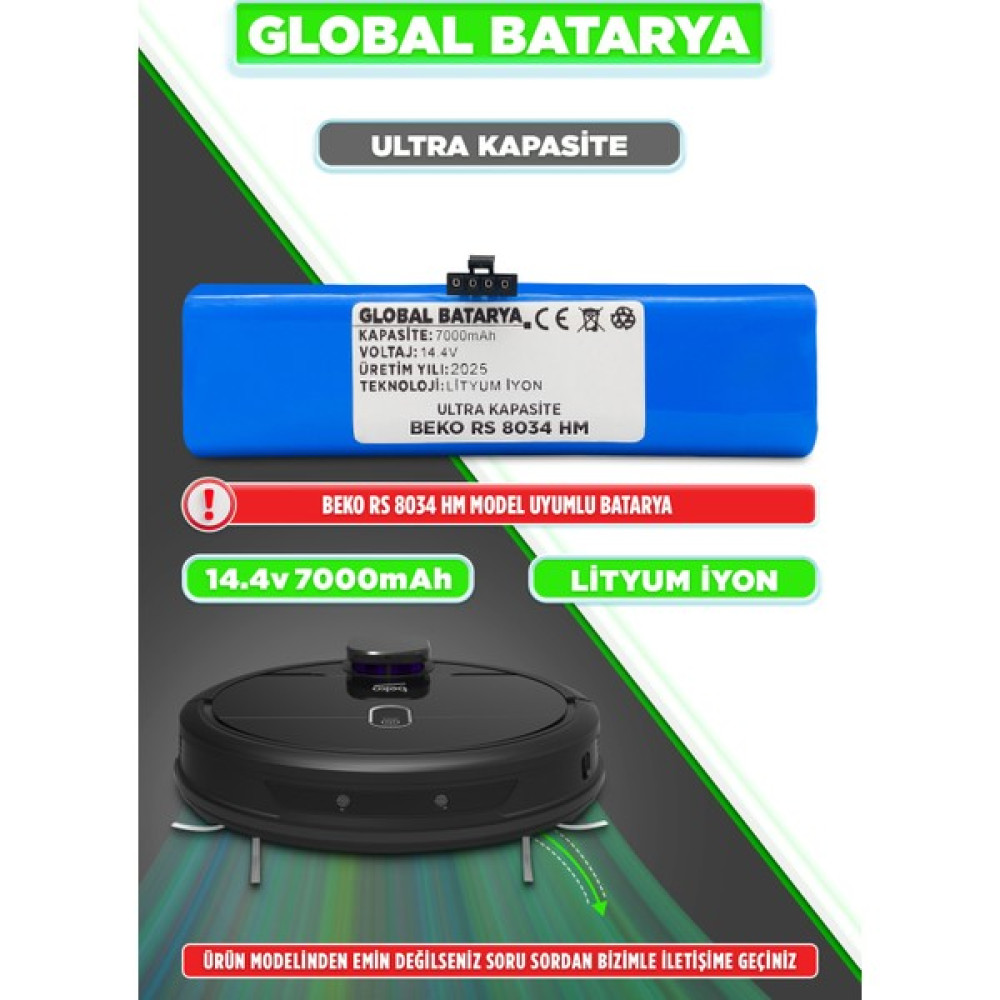 Global Batarya Beko Rs 8034 Hm Uyumlu Akıllı Robot Süpürge Bataryası 14.4V 7000mAh Li-ion Pil (Ultra Kapasite) Elektrikli Süpürge Aksesuarları Fiyatı