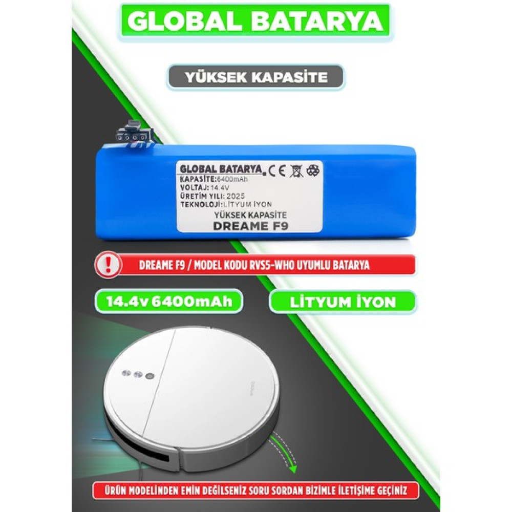 Global Batarya Dreame F9 Akıllı Robot Süpürge Bataryası 14.4V 6400MAH Pil (Yüksek Kapasite) Elektrikli Süpürge Aksesuarları Fiyatı