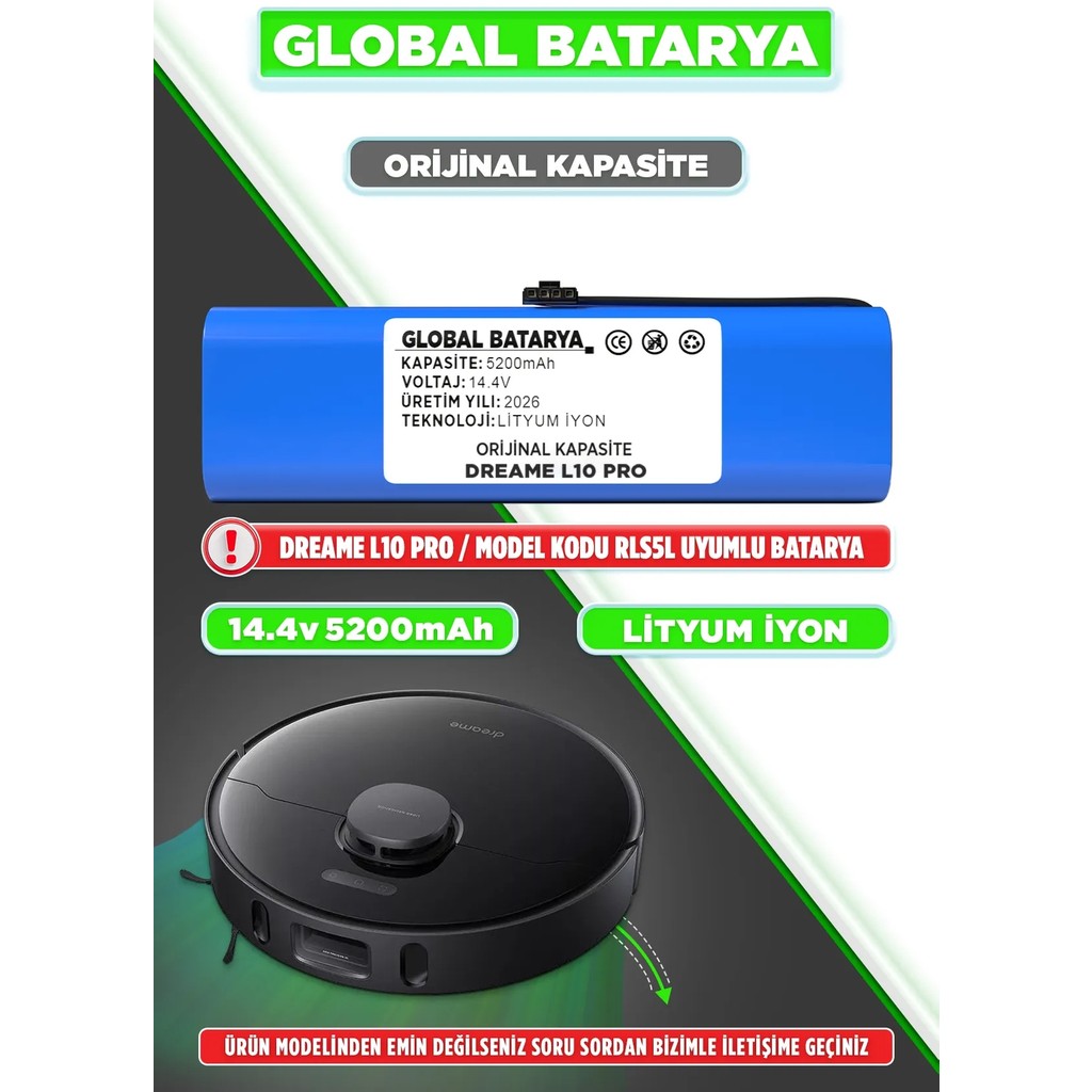 GLOBAL BATARYA Dreame L10 Pro Akıllı Robot Süpürge Bataryası 14.4V 5200MAH Pil Robot Süpürgeler Fiyatı