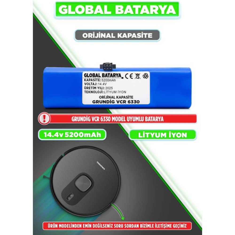 Global Batarya Grundig Vcr 6330 Uyumlu Akıllı Robot Süpürge Bataryası 14.4V 5200MAH Li-Ion Pil (Orijinal Kapasite) Oto Boyaları Fiyatı