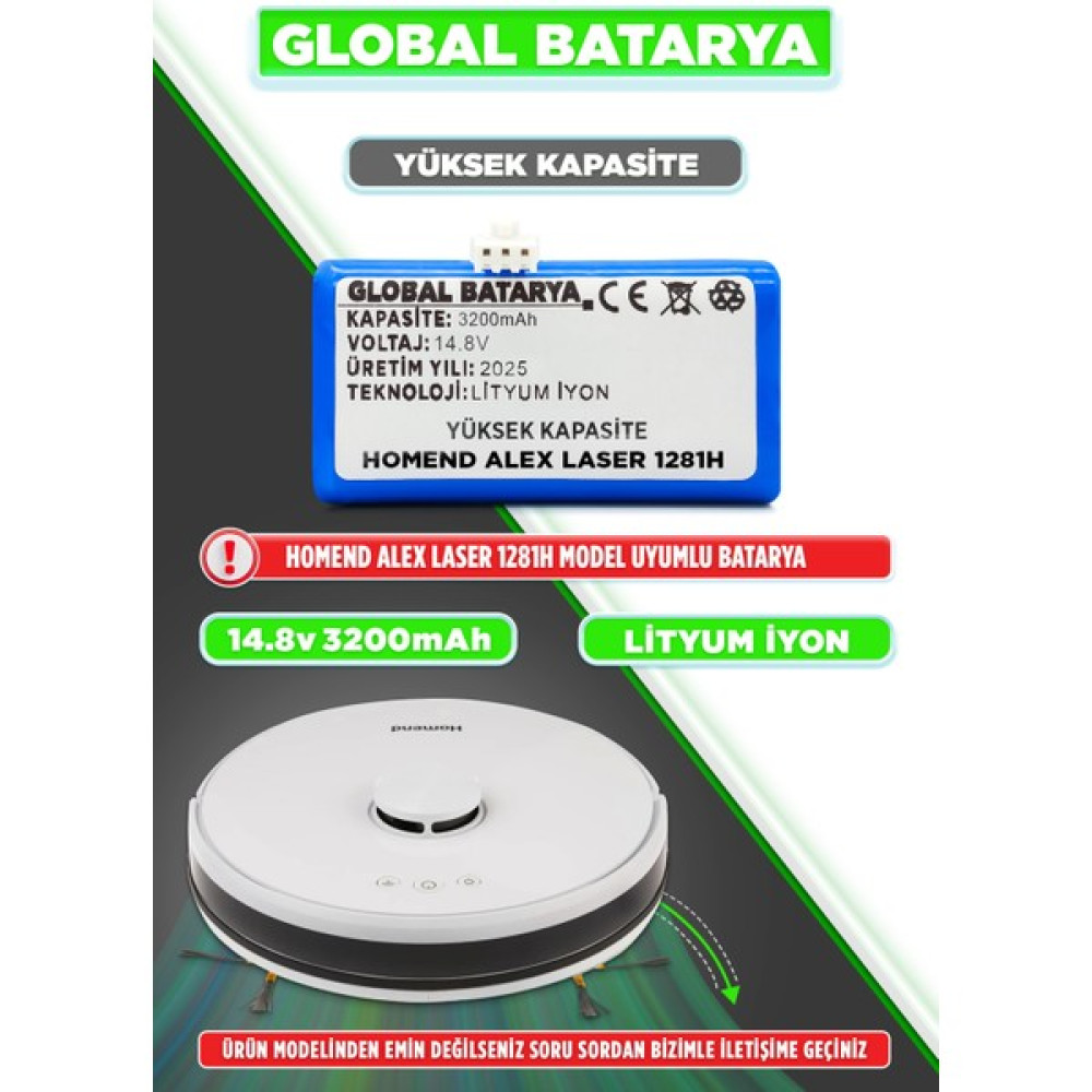 Global Batarya Homend Alex Laser 1281H Uyumlu Akıllı Robot Süpürge Bataryası 14.4V 3200mAh Li-Ion Pil (Yüksek Kapasite) Elektrikli Süpürge Aksesuarları Fiyatı