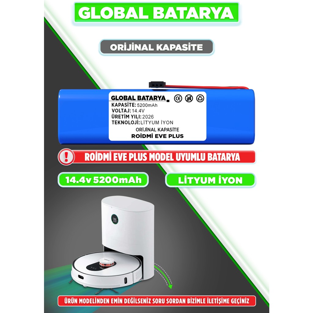 Global Batarya Roidmi Eve Plus Uyumlu Akıllı Robot Süpürge Bataryası 14.4V 5200MAH Li-Ion Pil (Orijinal Kapasite) Robot Süpürgeler Fiyatı