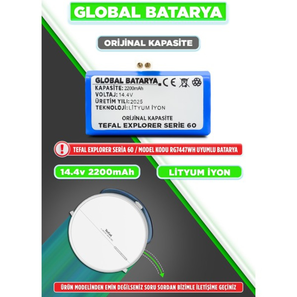 Global Batarya Tefal Explorer Serie 60 Uyumlu Akıllı Robot Süpürge Bataryası 14.4V 2200MAH Pil (Orijinal Kapasite) Elektrikli Süpürge Aksesuarları Fiyatı