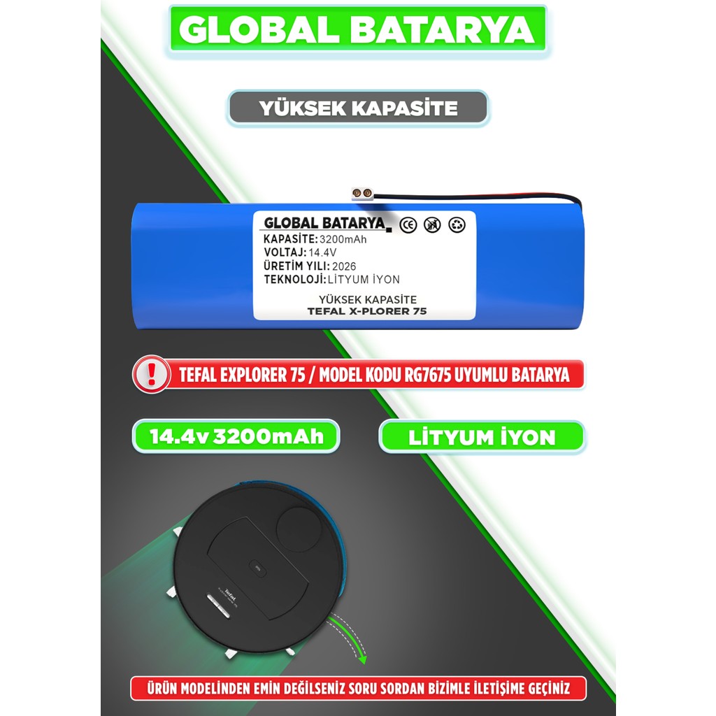 Global Batarya Tefal X-Plorer 75 Uyumlu Akıllı Robot Süpürge Bataryası 14.4V 3200MAH Li-Ion Pil (Yüksek Kapasite) Robot Süpürgeler Fiyatı