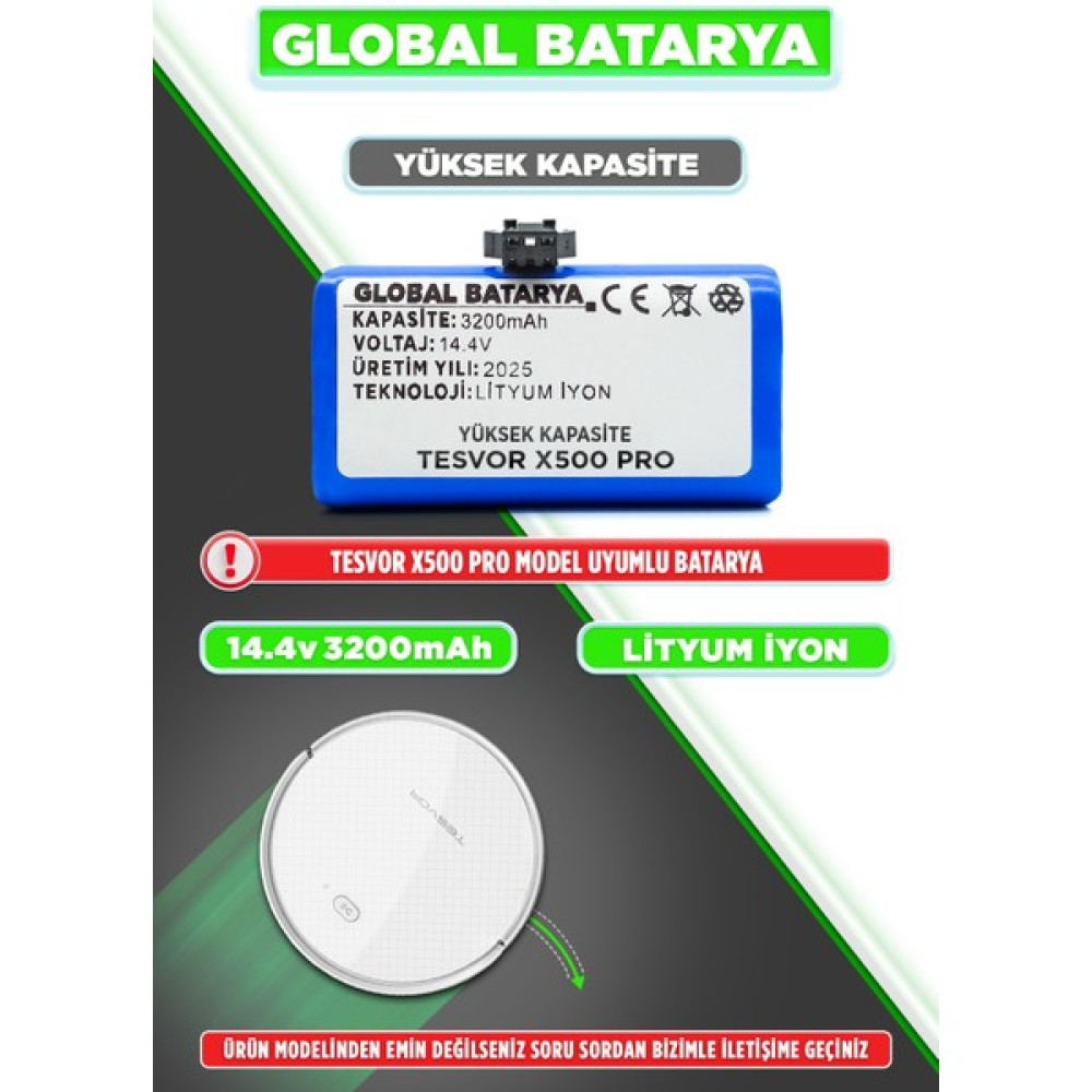 Global Batarya Tesvor X500 Pro Akıllı Robot Süpürge Bataryası 14.4v 3200mAh Li-ion Pil (Yüksek Kapasite) Oto Boyaları Fiyatı