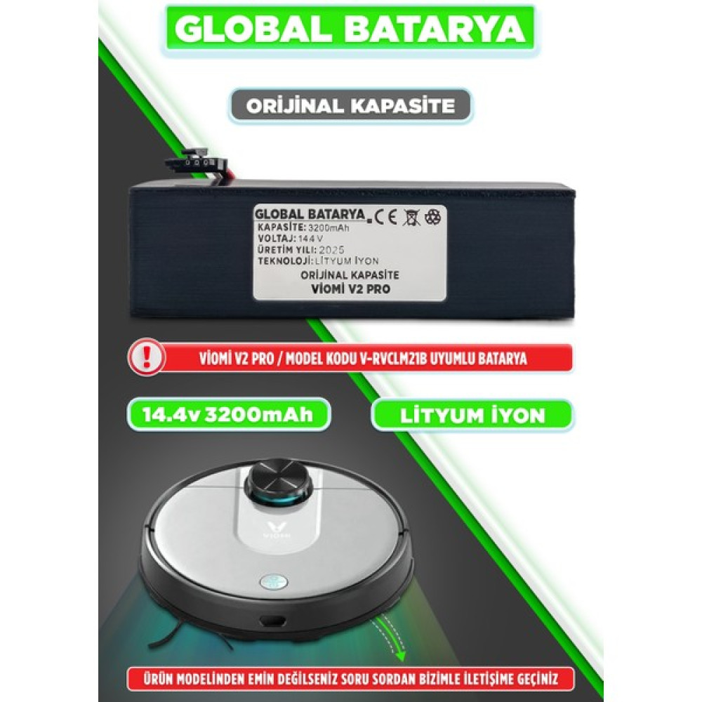 Global Batarya Viomi V2 Pro Uyumlu Akıllı Robot Süpürge Bataryası 14.4V 3200mAh Li-ion Pil (Orijinal Kapasite) Elektrikli Süpürge Aksesuarları Fiyatı