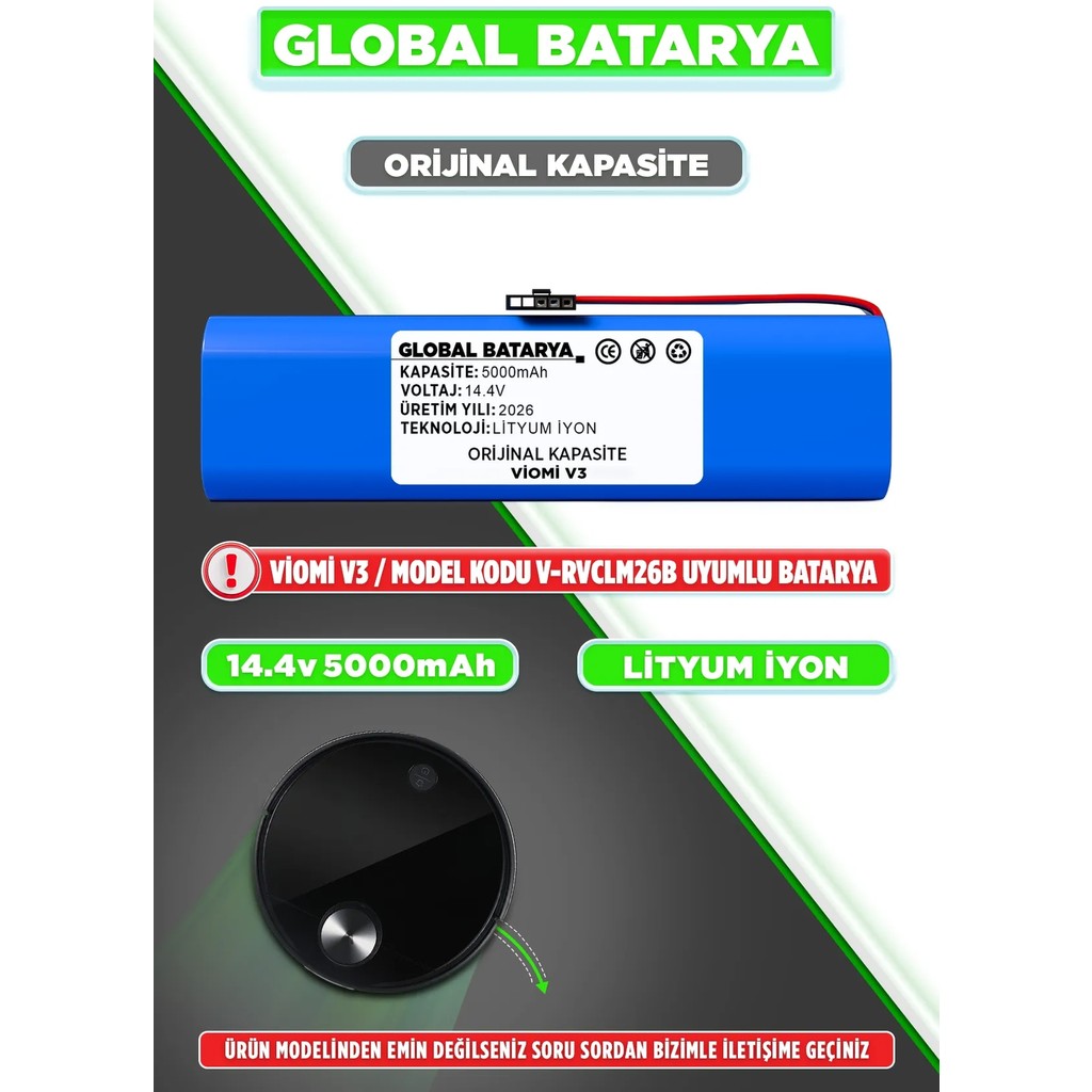 Global Batarya Viomi V3 Uyumlu Akıllı Robot Süpürge Bataryası 14.4v 5000mah Li-Ion Pil ( Kapasite) Robot Süpürgeler Fiyatı