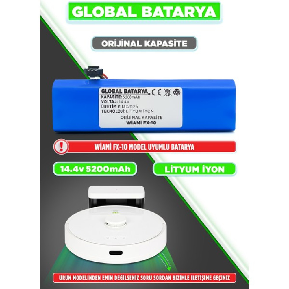 Global Batarya Wiami FX10 Uyumlu Akıllı Robot Süpürge Bataryası 14.4V 5200MAH Li-Ion Pil (Orijinal Kapasite) Elektrikli Süpürge Aksesuarları Fiyatı
