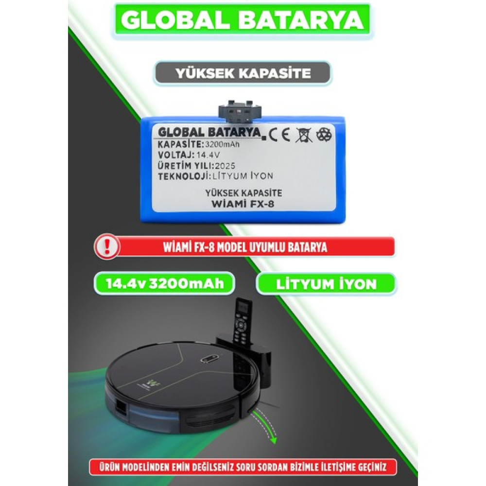 Global Batarya Wiami Fx8 Uyumlu Akıllı Robot Süpürge Bataryası 14.4V 3200mAh Pil Li-ion (Yüksek Kapasite) Elektrikli Süpürge Aksesuarları Fiyatı