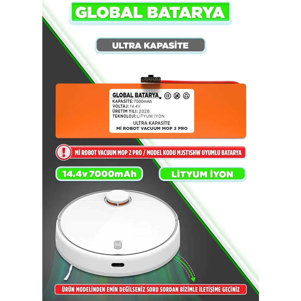 Global Batarya Xiaomi Mi Robot Vacuum Mop 2 Pro Uyumlu Robot Süpürge Bataryası 14.4V 7000MAH Li-Ion Pil (Ultra Kapasite) Elektrikli Süpürge Aksesuarları Fiyatı