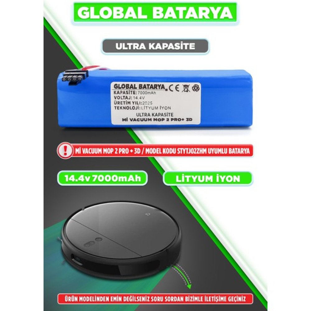 Global Batarya Xiaomi Mi Vacuum Mop 2 Pro Plus 3D Uyumlu Akıllı Robot Süpürge Batarya 14.4V 7000MAH Li-Ion Pil (Ultra Kapasite) Elektrikli Süpürge Aksesuarları Fiyatı