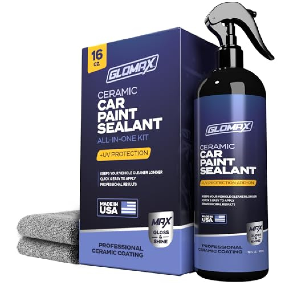 GLOMAX Ceramic Coating For Cars (16 oz.) - Hydrophobic Ceramic Car Wax Spray With Added UV PROTECTION - LONG LASTING Shiny Car Stuff - Spray Wax For Cars With 2 Micro Fiber Towels, Waterless Wash