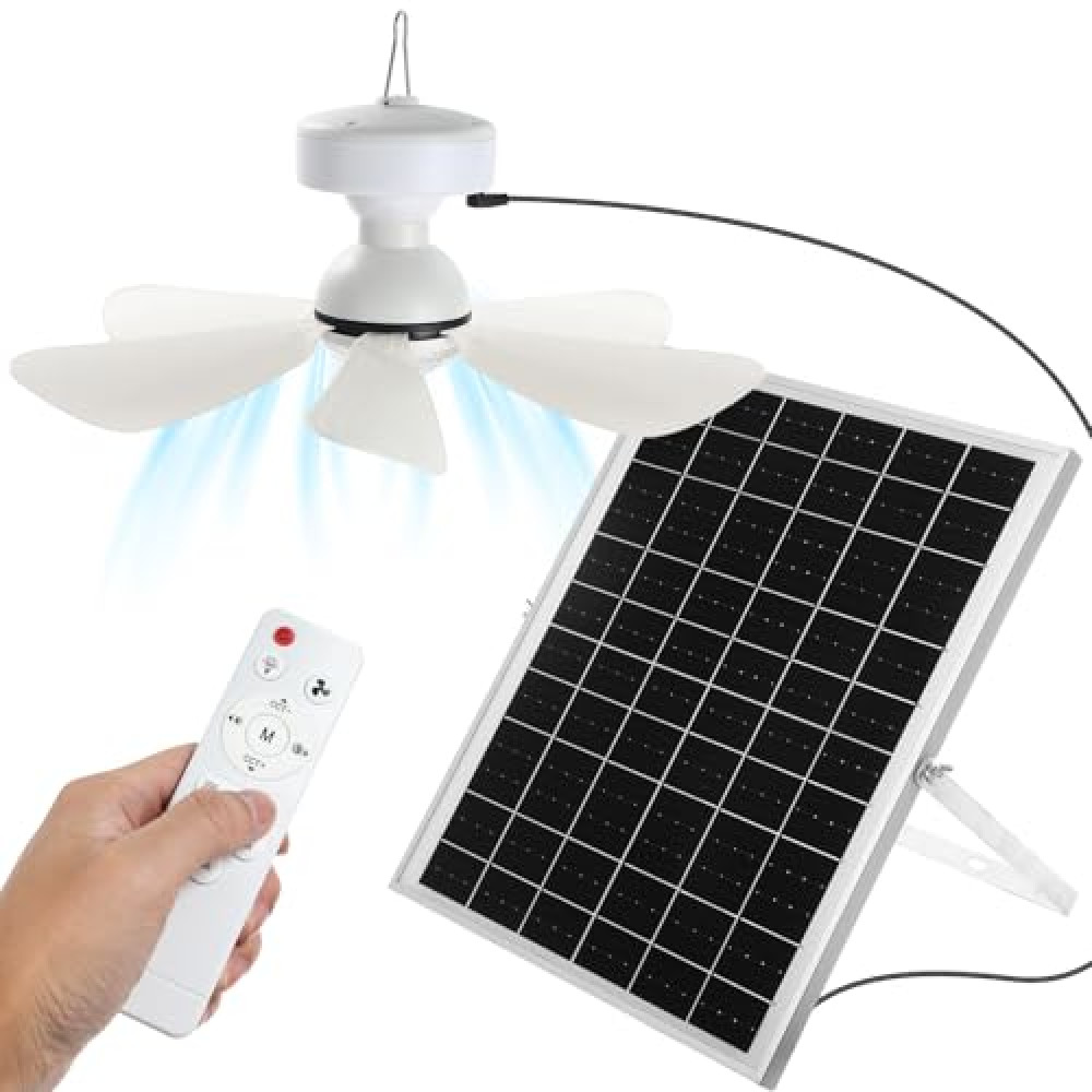 Glooglitter 1 Set Solar Ceiling Fan Kit 25w Solar Powered Rechargeable Ceiling Fan with 3 Color Light and Remote Control, Built in 5000mah Battery, for Outdoor Chicken Coop Camping Tent