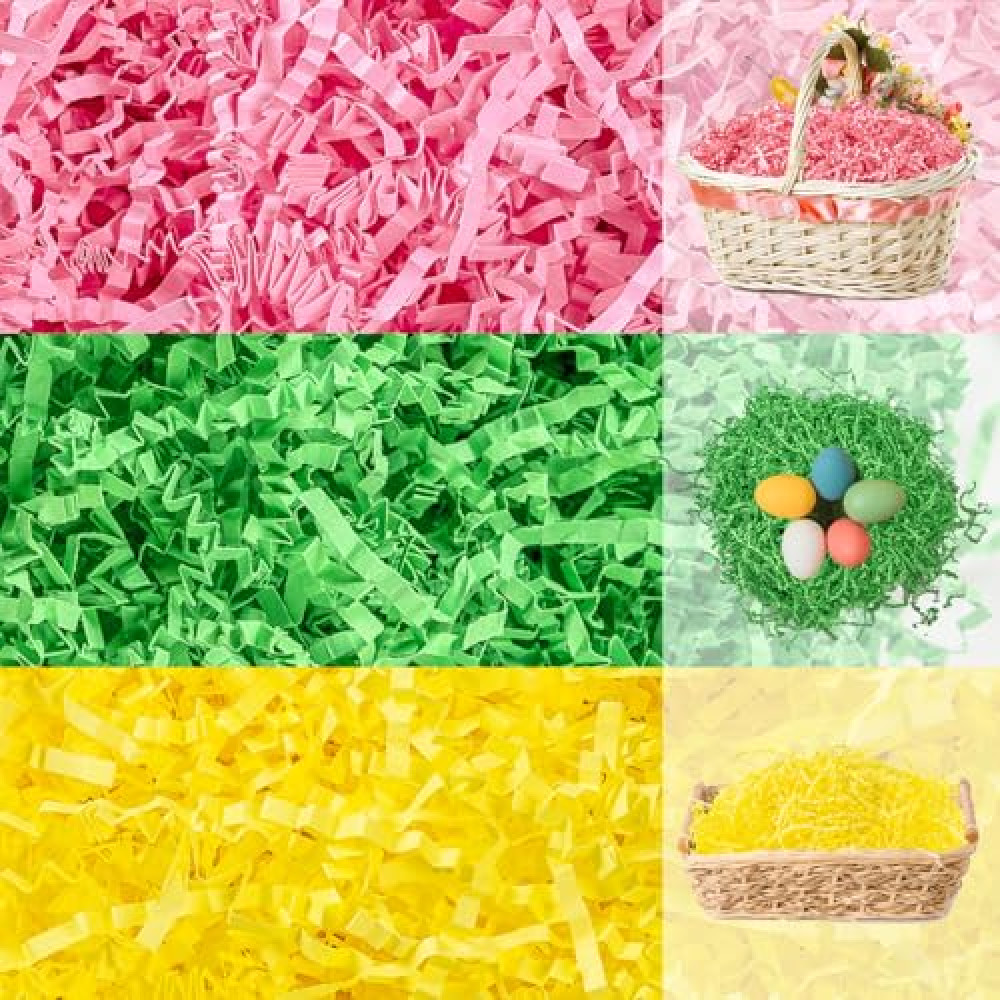 Gloreyan 3 Colors Easter Grass Crinkle Cut Paper Shred, Pink Green Yellow Raffia Paper Shred Filler Grass for Gift Wrapping Basket Filling Birthdays Weddings Party Supply（300g/10.6 oz）
