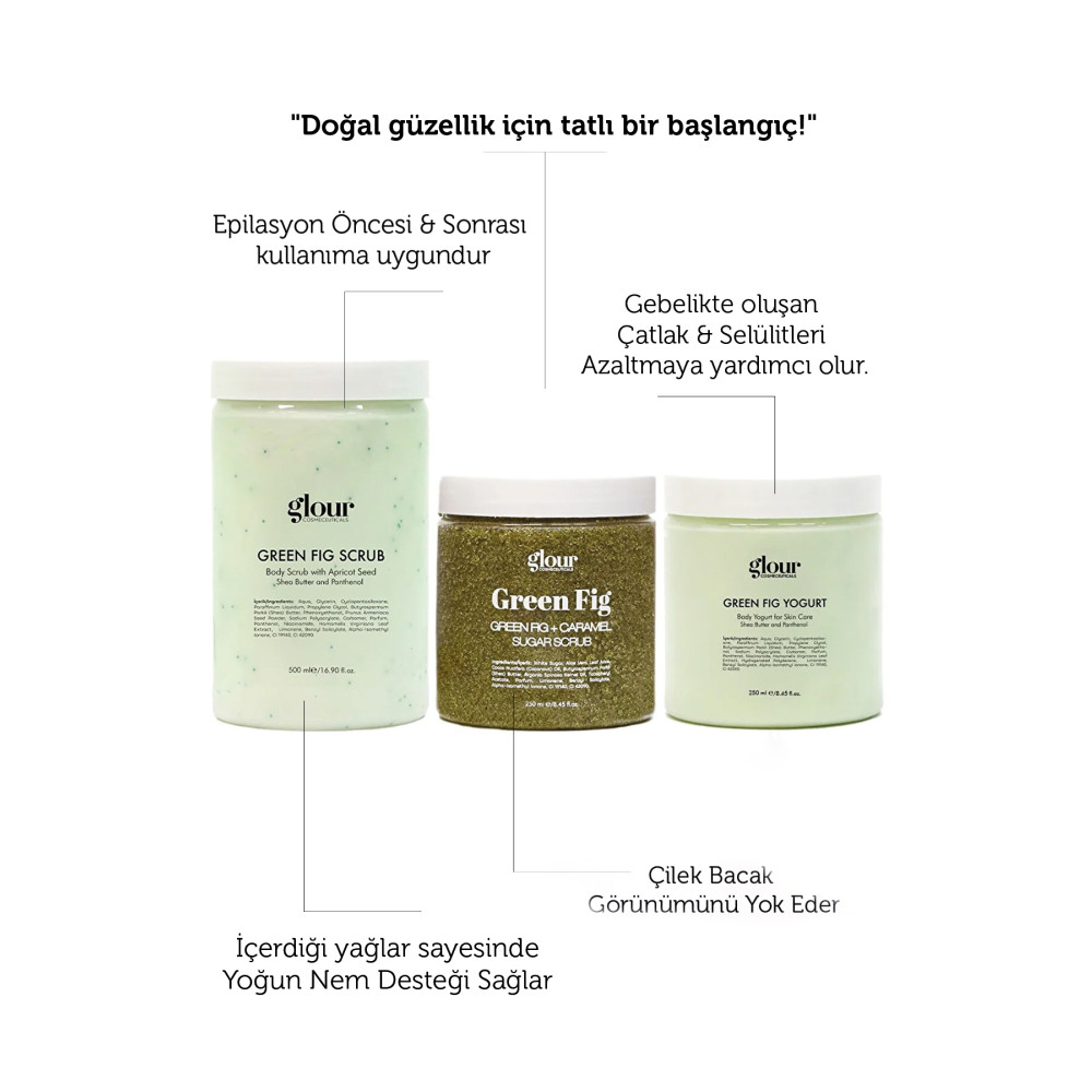 GLOUR İncir Özlü Scrub & Green Fig Body Yogurt & Karamel Özlü Scrub Üçlü Set Vücut Bakımı Fiyatı