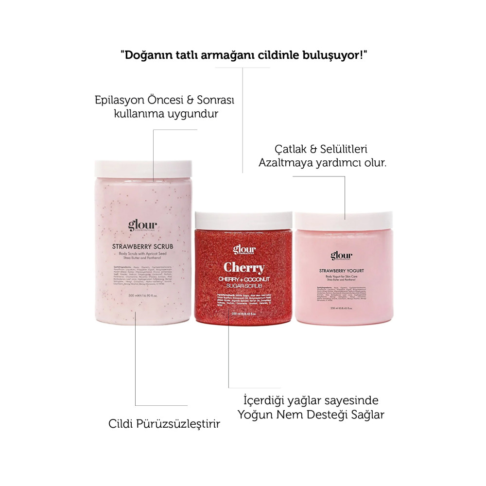 GLOUR Vişne Hindistan Özlü Sugar Scrub & Çilek Özlü Vücut Yoğurdu Ve Çilek Özlü Scrub Üçlü Seti Vücut Bakımı Fiyatı