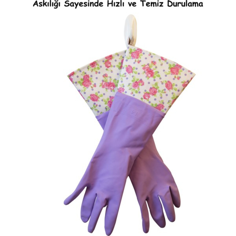 Glovely Hands Çok Amaçlı Temizlik Bulaşık Eldiveni Lateks Ekstra Uzun Kollu Desenli Tek Beden (M) Bir Çift - Lila - M Temizlik Malzemeleri Fiyatı