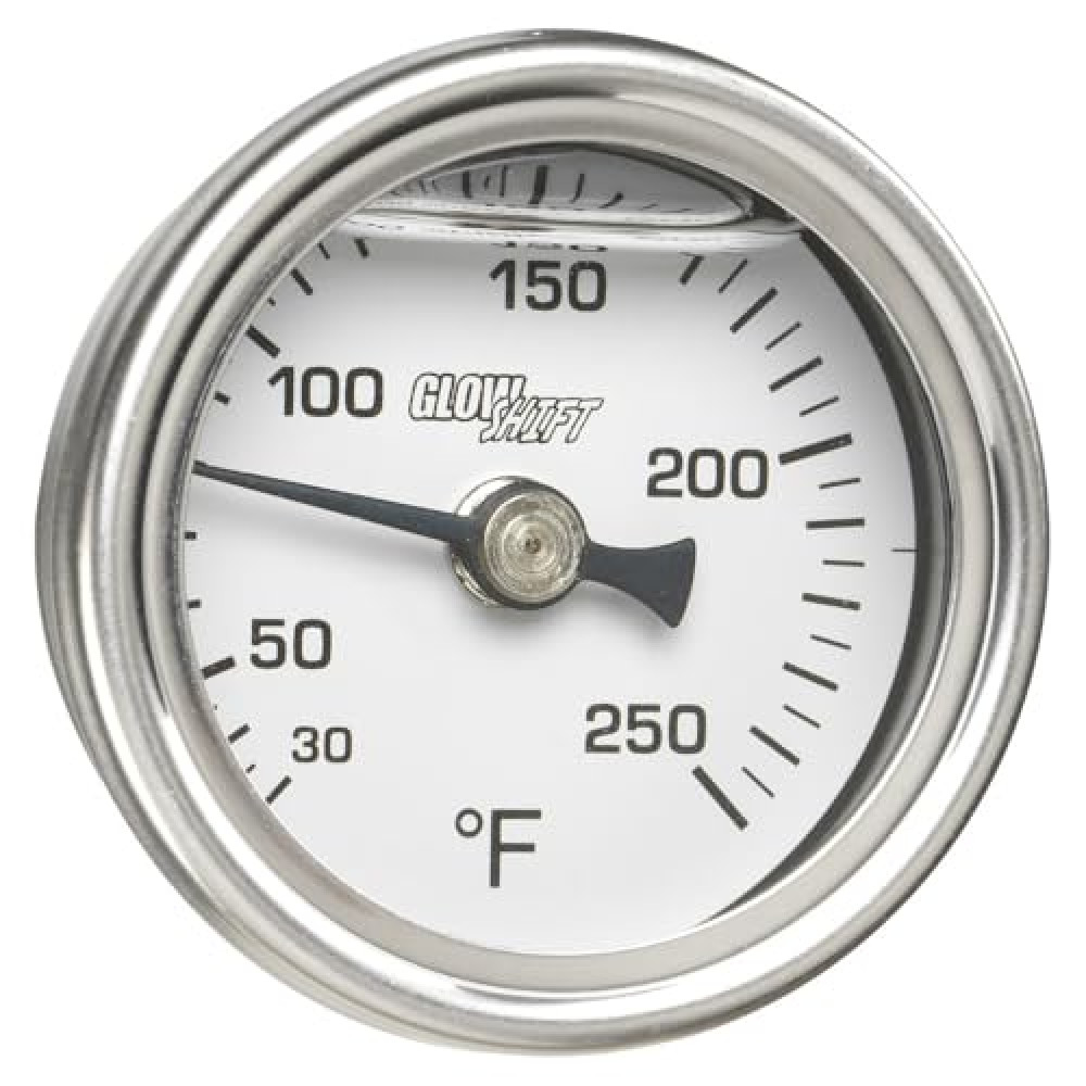 GlowShift Liquid Filled Mechanical 250 F Temperature Gauge - for Water Coolant or Oil Temp - 3/8-18 NPT Threaded Sensor - White Dial - Waterproof - 1-1/2" (38mm) Diameter