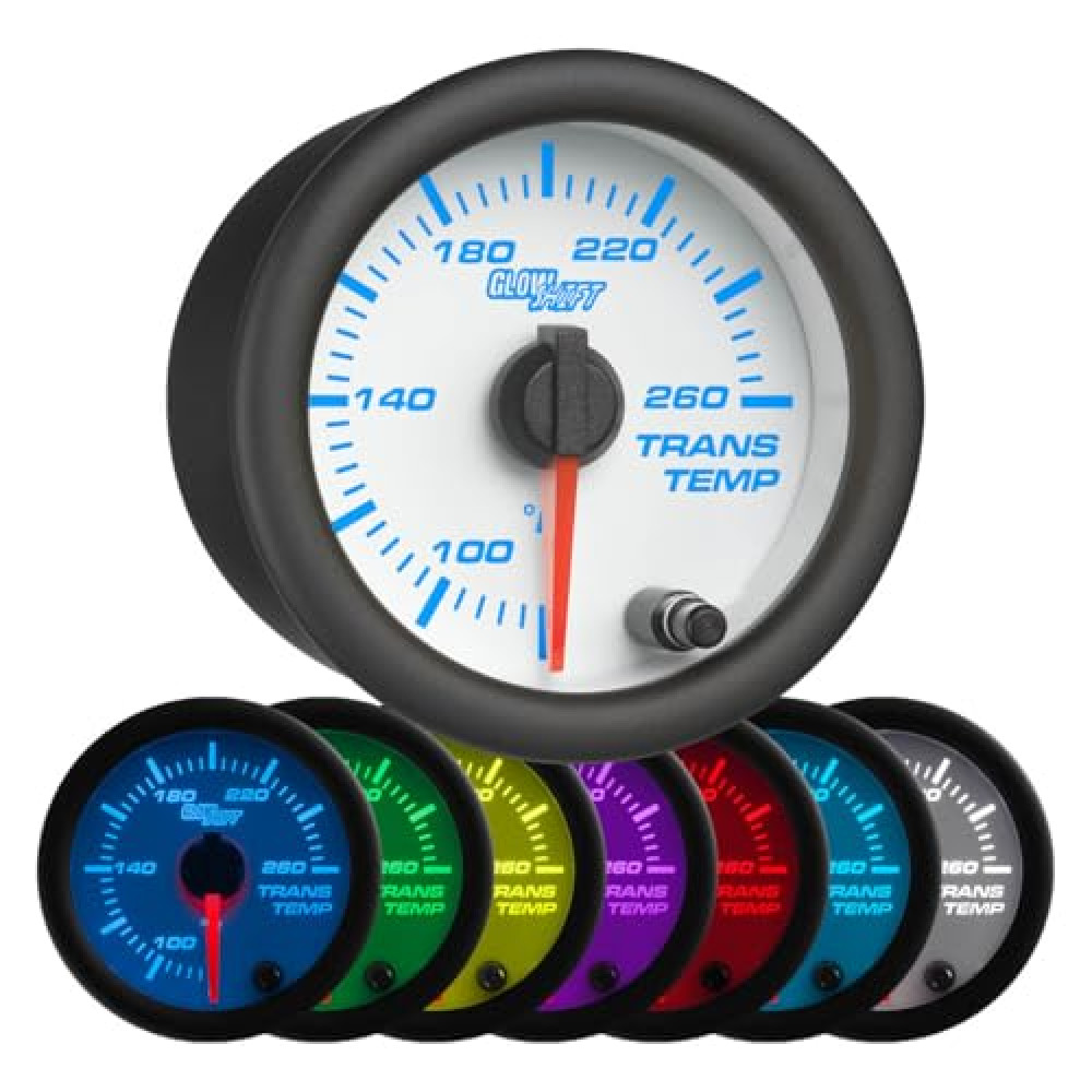 GlowShift White 7 Color 260 F Transmission Temperature Gauge Kit - Includes Electronic Sensor - White Dial - Clear Lens - for Car & Truck - 2-1/16" 52mm