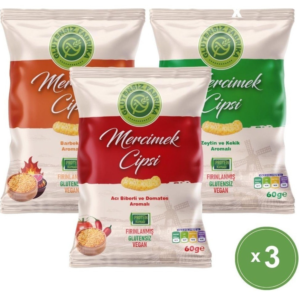 Glutensiz Fabrika Mercimek Cipsi 60g Karma Paket (3 Çeşit) (Glütensiz & Vegan) - 180 gr Cips Fiyatı