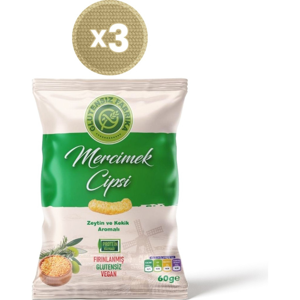 Glutensiz Fabrika Zeytin ve Kekik Aromalı Mercimek Cipsi 60 g x 3 Paket (Glütensiz & Vegan) - 180 gr Cips Fiyatı