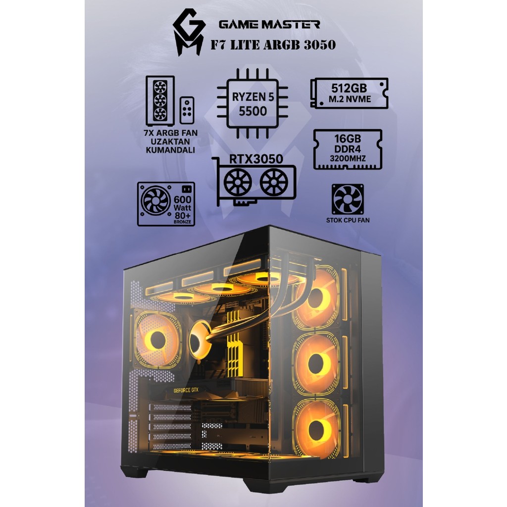 GM Game Master F7 Lite Argb RTX3050 Ryzen 5 5500 Cpu 16GB Ddr4 Ram 512GB M2 SSD RTX3050 6gb 7x Argb Fanlı Gaming Pc - Oyuncu Ekran Kartları Fiyatı