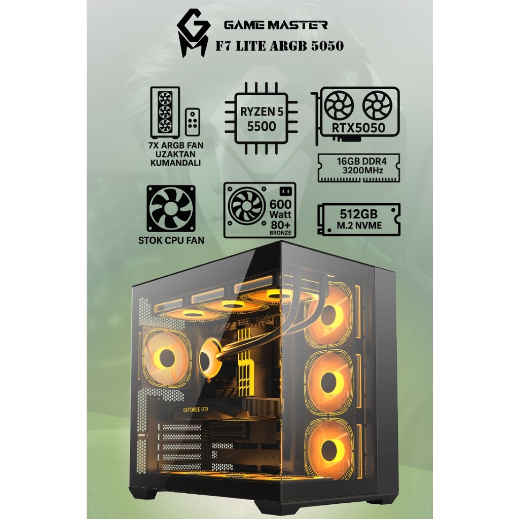 GM Game Master F7 Lite Argb RTX5050 Ryzen 5 5500 Cpu 16GB Ddr4 Ram 512GB M.2 SSD RTX5050 7x Argb Fanlı Gaming Pc - Siyah - Monitör Yok Monitör Fiyatı