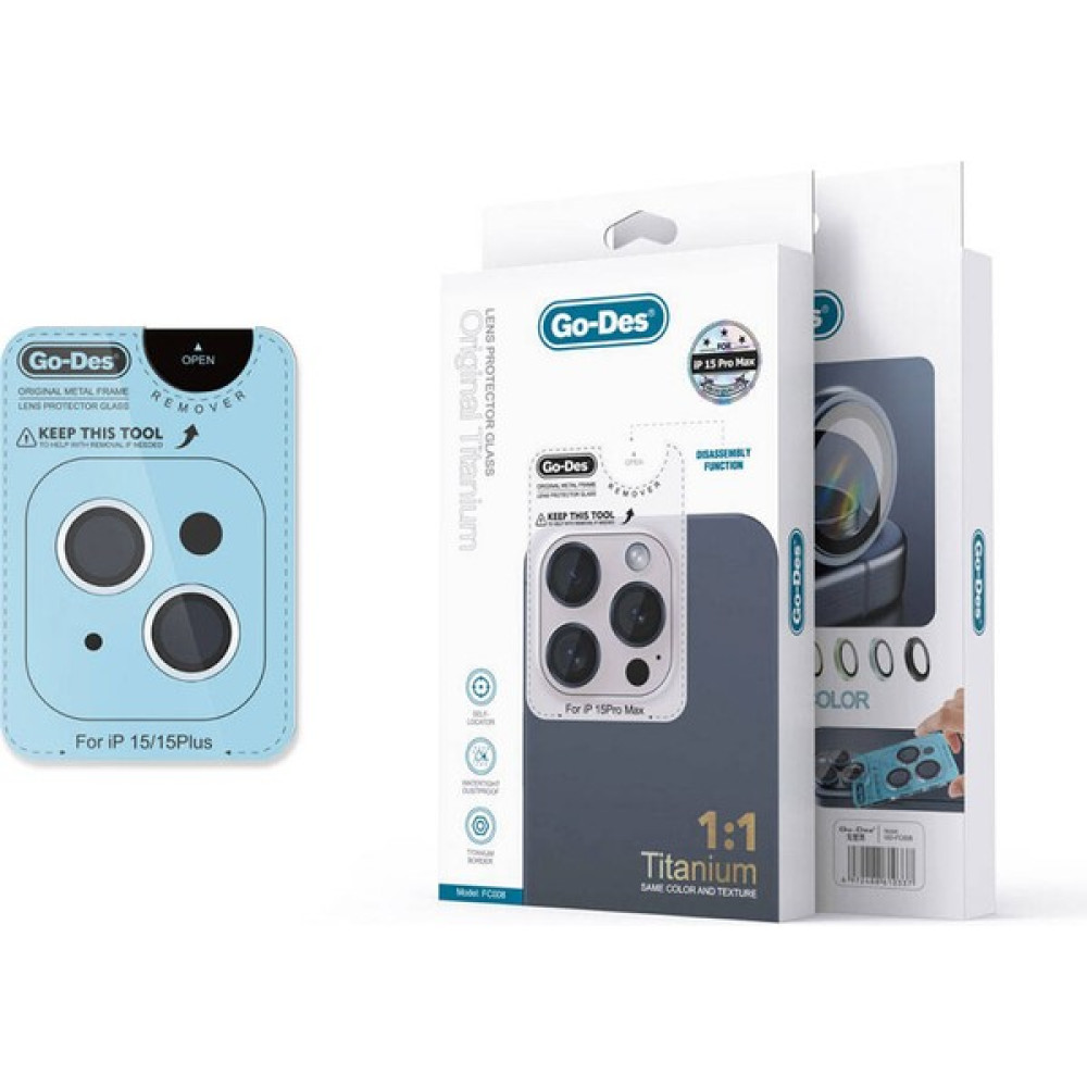 Go-Des Apple iPhone 15 Uyumlu Go Des Titanium Premium Temperli Kamera Lens Koruyucu Blue Cep Telefonu Ekran Koruyucusu Fiyatı