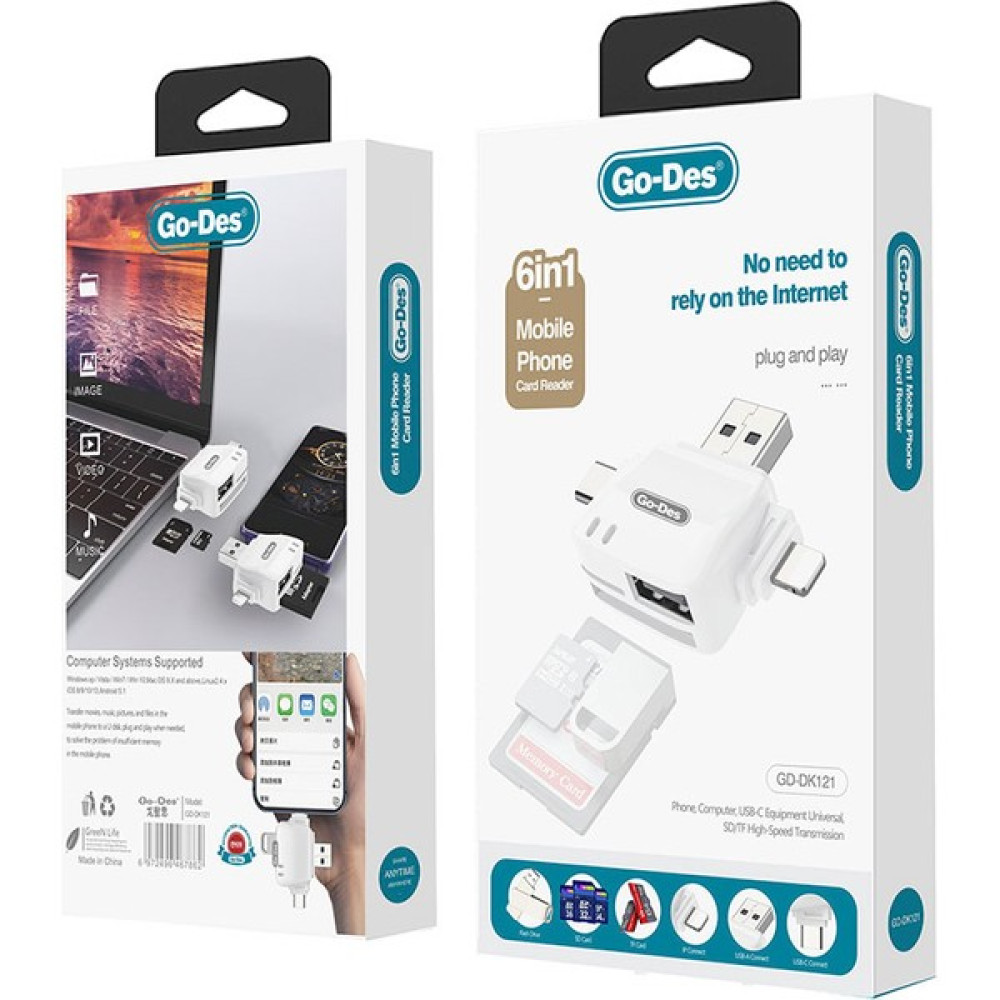 Go-Des Go Des GD-DK121 6 In 1 Otg Hafıza Kart Okuyucu Lightning / Type-C / Usb-A /sd / Micro Sd - Beyaz Hafıza Kartları Fiyatı