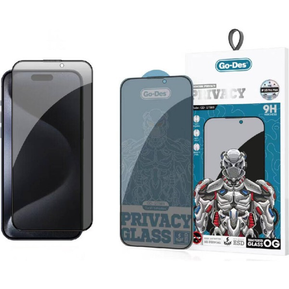 Go-Des iPhone 15 Pro Max Uyumlu Hayalet Ekran Koruyucu Go Des 9D Full Cover Privacy Temperli Cam Koruyucu - Siyah Cep Telefonu Ekran Koruyucusu Fiyatı
