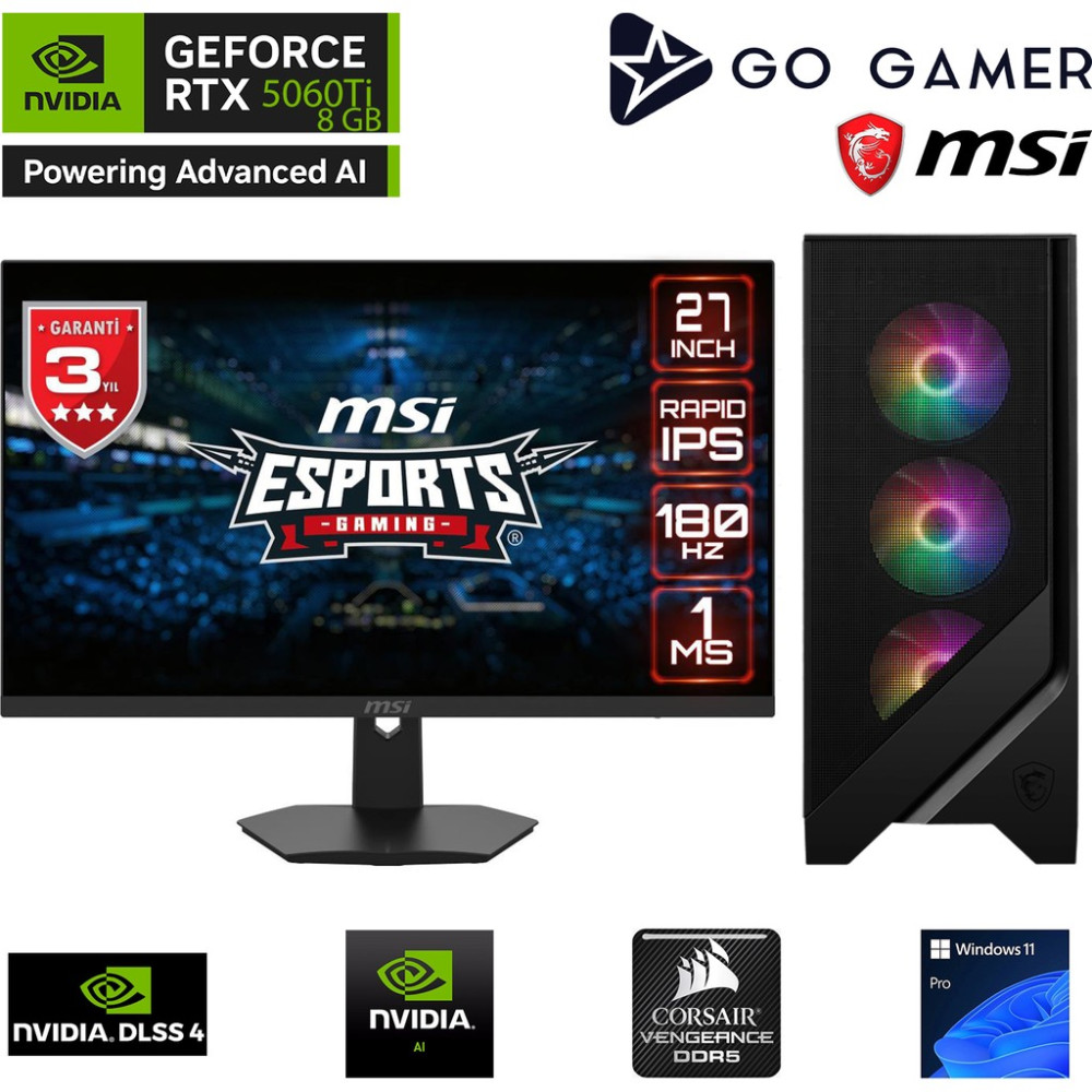 Go Gamer GA936D AMD Ryzen 7 7800X3D / 32GB DDR5 5600MHz / 1TB NVMe m.2 SSD / RTX 5060Ti 8GB / 240mm Sıvı Soğutma / MSI 27" 180Hz. / AMD Gaming Paket Masaüstü Bilgisayar Fiyatı
