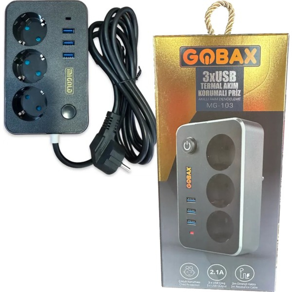 Gobax 3 x USB 2 Metre Elektronik Termal Akım Korumalı Uzatma Kablosu MG-103 Prizler Fiyatı