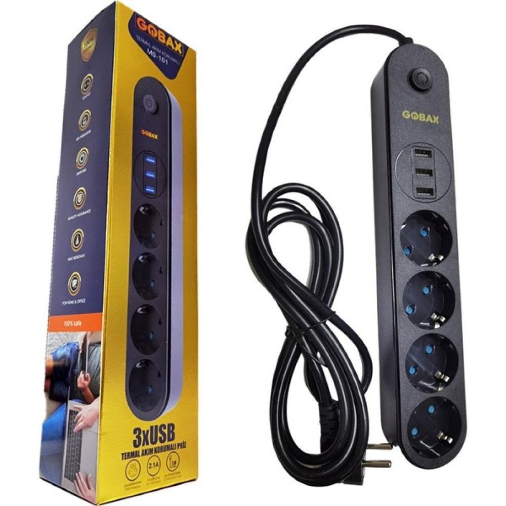 Gobax Akım Korumalı Akıllı Priz - Termal Akım Korumalı 3x Ledli Usb - 4x Priz 2 Metre Uzatmalı Çocuk Korumalı - Siyah Prizler Fiyatı