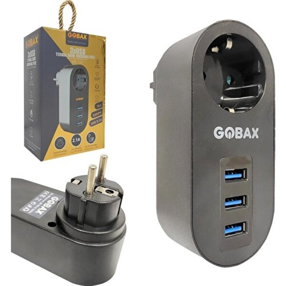 Gobax Akım Korumalı Priz Tekli 3xusb 2.1A Siyah 2500W 10A Gobax MG-102 Prizler Fiyatı
