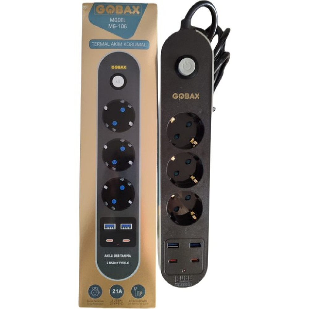 Gobax Termal Akım Korumalı 3Xpriz 2Usb & 2Type-C 2Mt Uzatmalı Priz Prizler Fiyatı