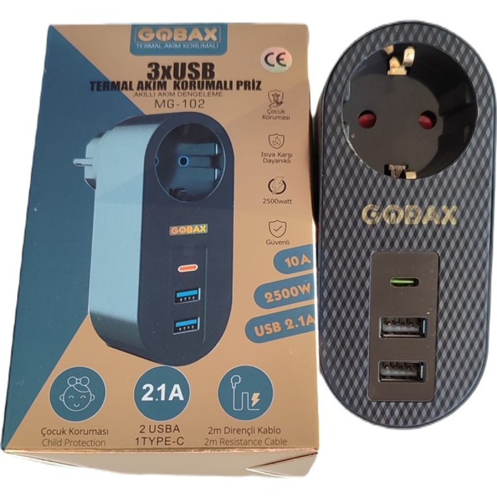 Gobax Termal Akım Korumalı Akıllı Priz 2Xusb -1Type-C Mg-102 Prizler Fiyatı
