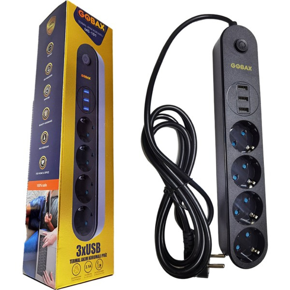 Gobax Termal Akım Korumalı Isıya Karşı Dayanıklı 8'li Priz Kablo Uzunluğu 2 mt 3xusb - Siyah Prizler Fiyatı