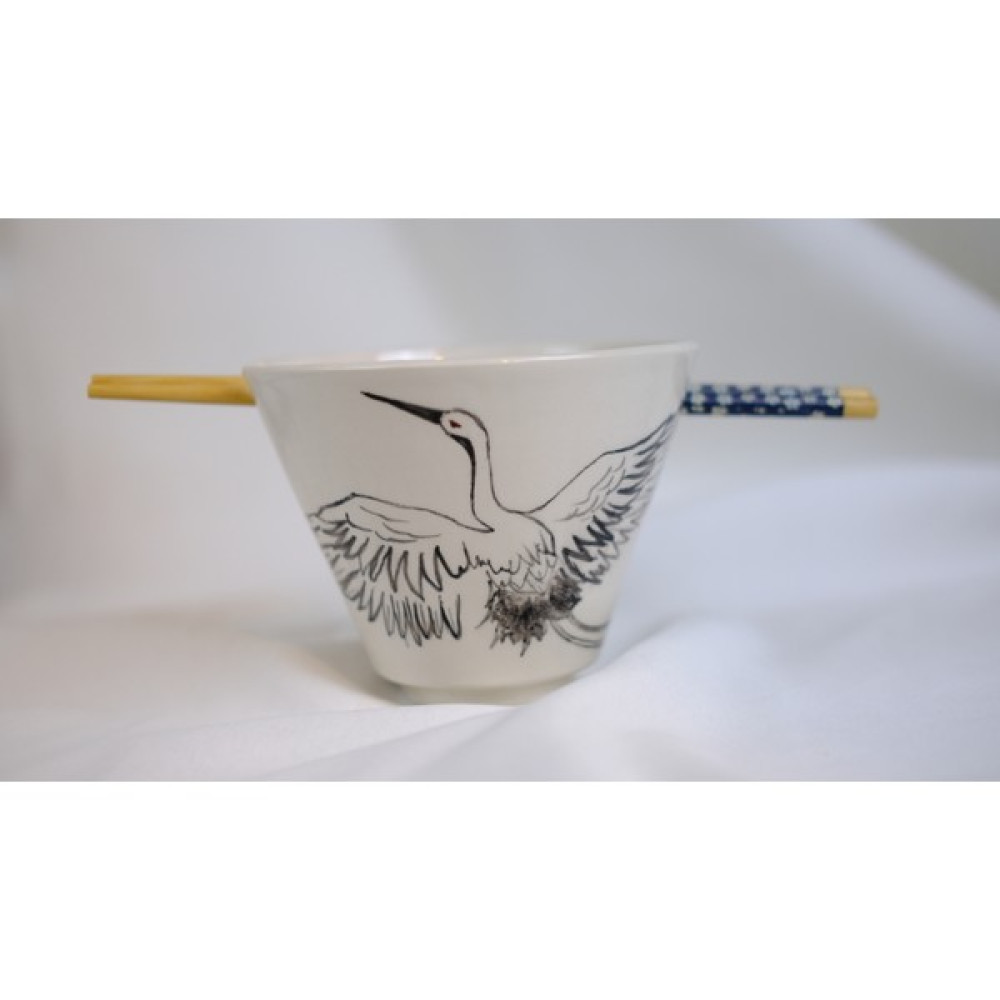 Gobo Leylek Desenli Handmade Seramik Noodle Kasesi Yemek Çubuklarıyla Eşşiz El Yapımı Ramen Seti Kase Fiyatı