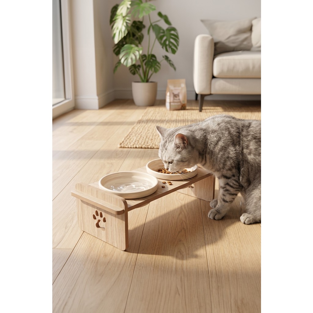 GOBYPET Ahşap Standlı Seramik Kaseli Kedi-Köpek Mama ve Su Kabı - Beyaz Diğer Fiyatı