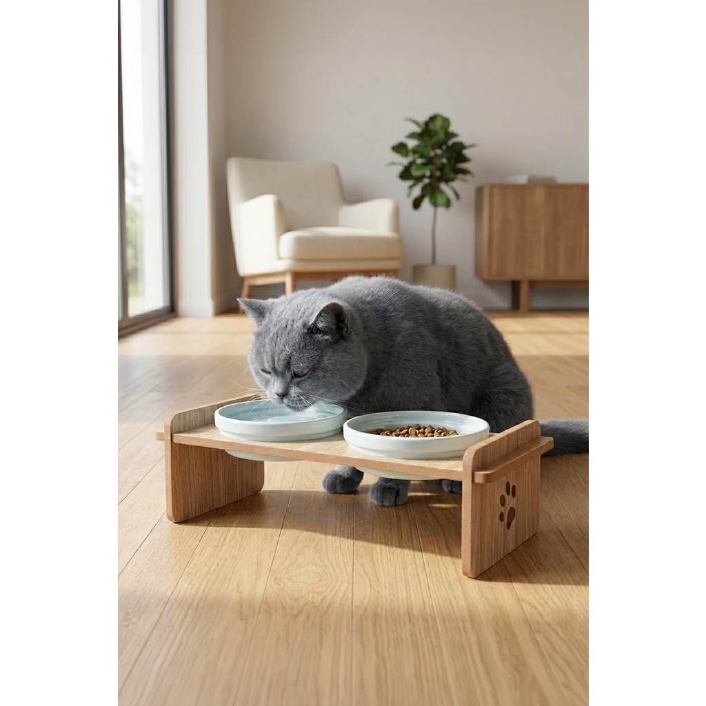 GOBYPET Ahşap Standlı Seramik Kaseli Kedi-Köpek Mama ve Su Kabı - Mavi Diğer Fiyatı