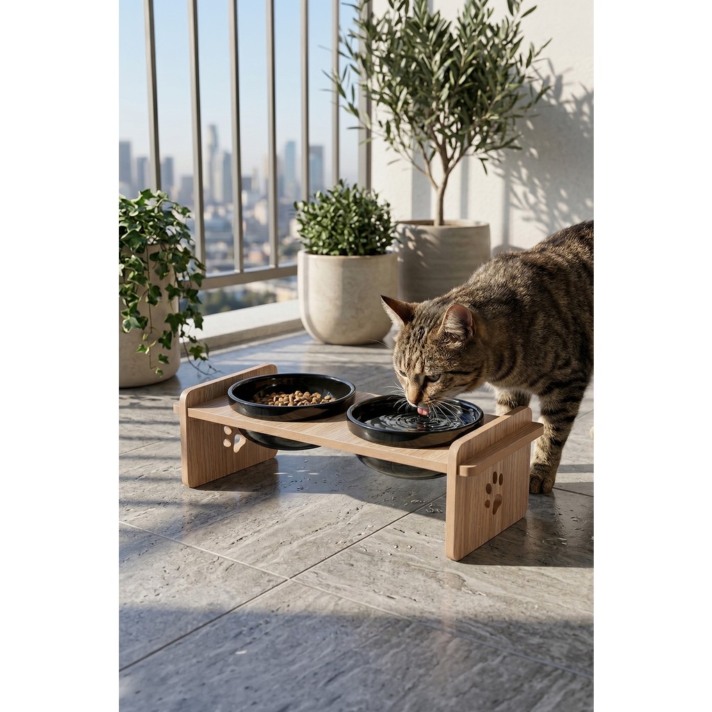 GOBYPET Ahşap Standlı Seramik Kaseli Kedi-Köpek Mama ve Su Kabı - Siyah Diğer Fiyatı