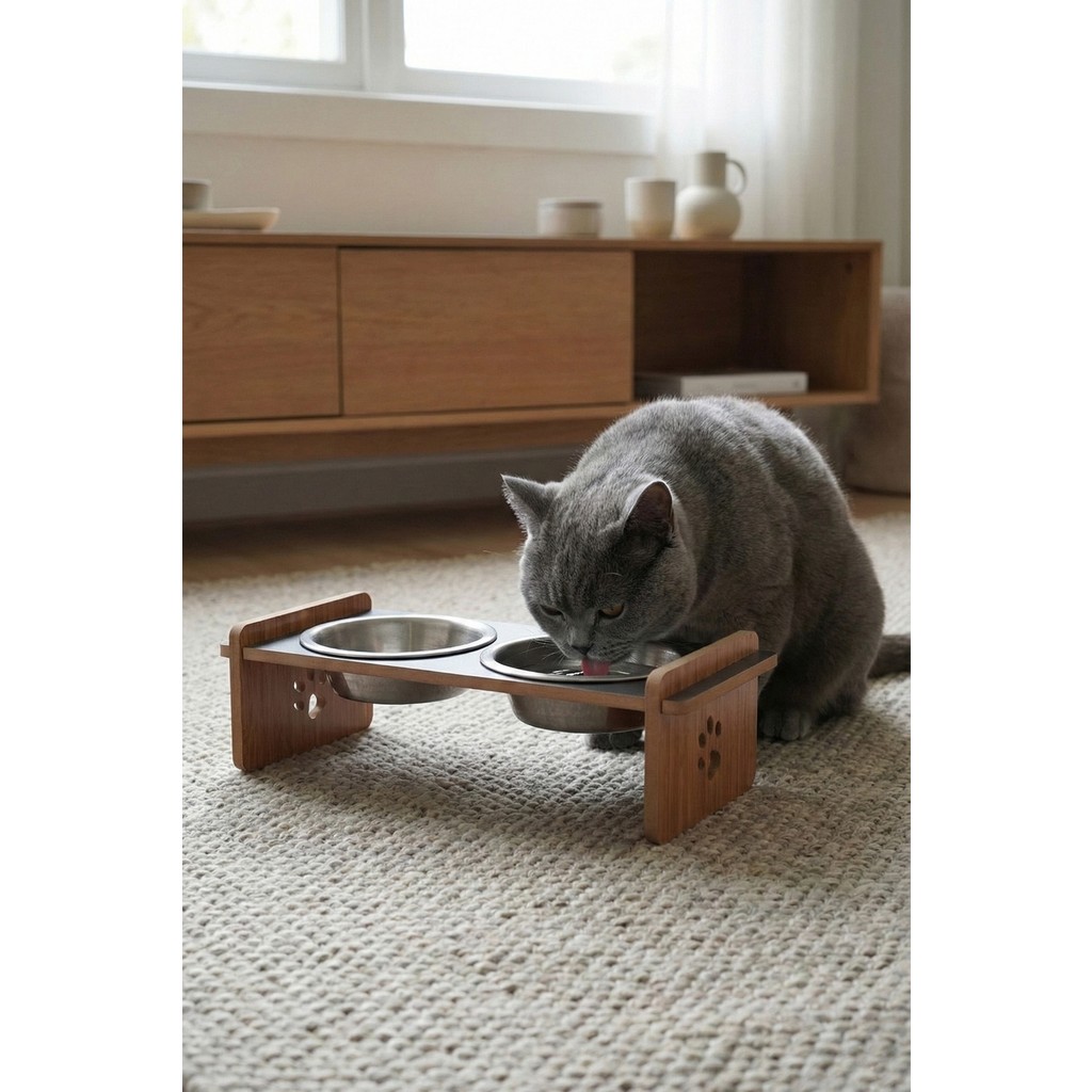 GOBYPET Ahşap Standlı Seramik Kaseli Kedi ve Köpekler Için Mama-Su Kabı Antrasit - Gri Diğer Fiyatı
