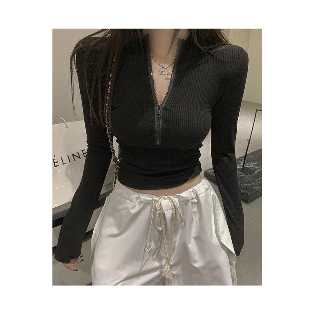 Gofeel Fermuar Detaylı Siyah Renkli Harajuku Kadın Crop Bluz Tişört L-XL Beden Bluz Fiyatı