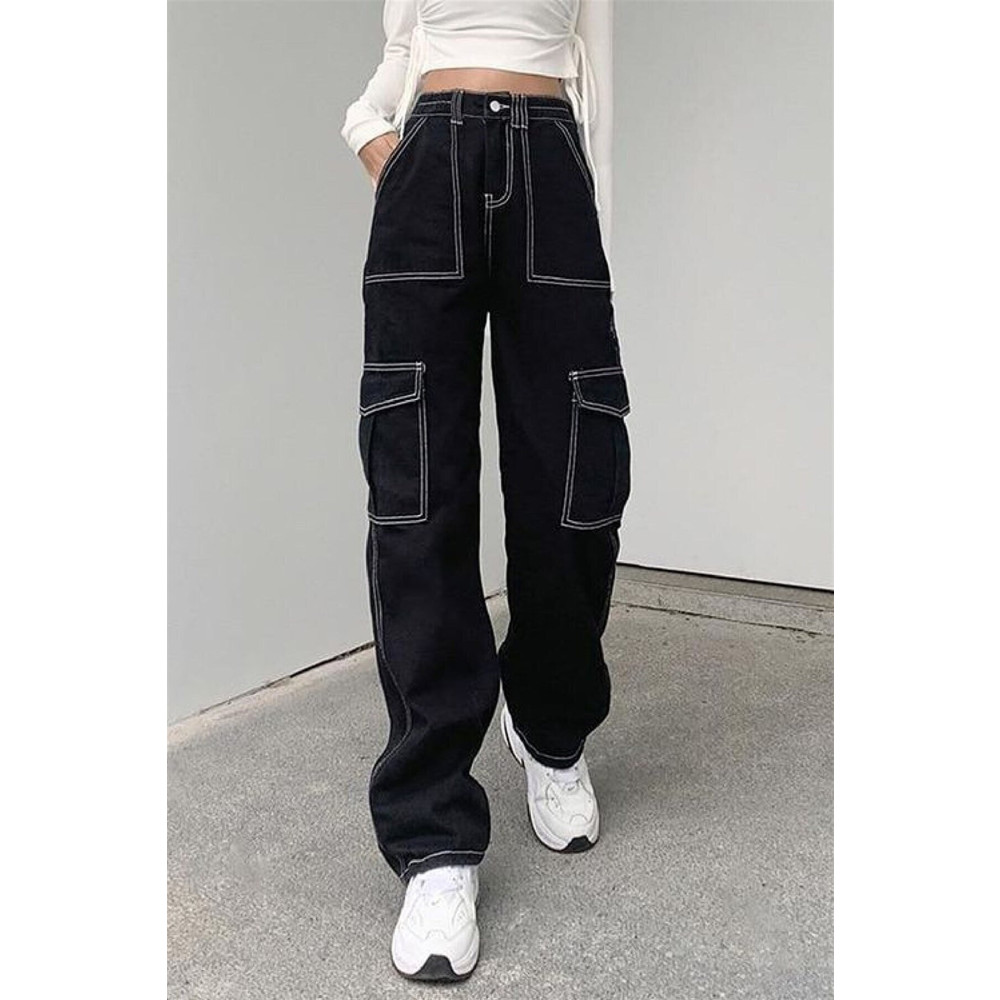 Gofeel Y2k Siyah Ters Dikiş Kargo Cepli Unisex Bol Paça Pantolon 36 Beden Kadın Pantolon Fiyatı