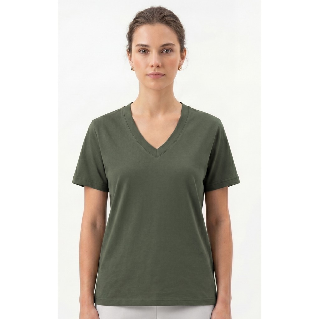 goffra Kadın Vision V Yaka Premium Kalite Yoğun Dokulu Pamuklu T-Shirt Haki W102-R0220-06 Giyim & İç Giyim Fiyatı