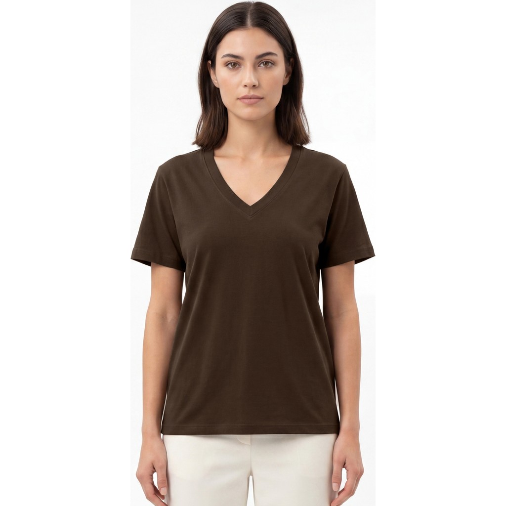 goffra Kadın Vision V Yaka Premium Kalite Yoğun Dokulu Pamuklu T-Shirt Kahverengi W102-R0220-07 Giyim & İç Giyim Fiyatı